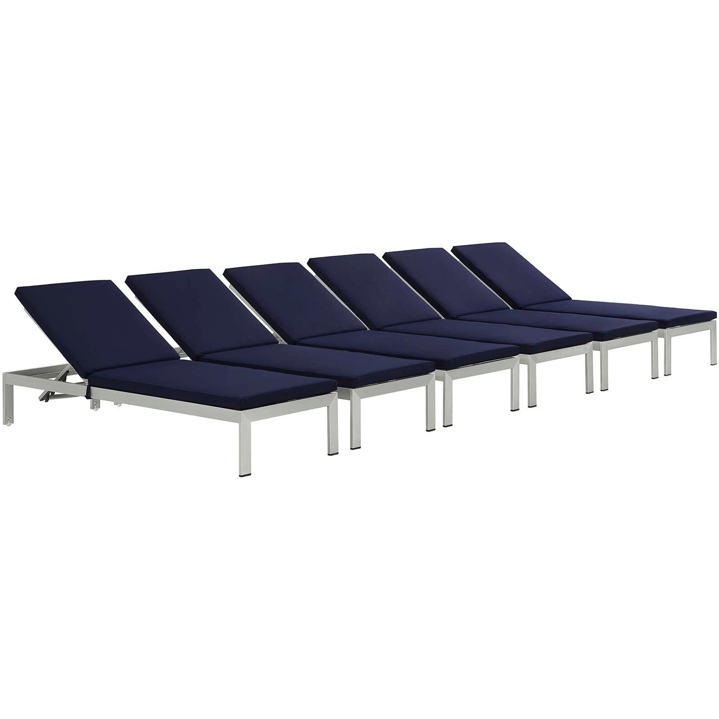 Shore Chaise with Cushions Outdoor Patio Aluminum Set of 6 Silver Navy EEI-2739-SLV-NAV-SET