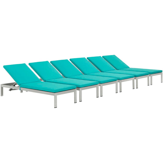 Shore Chaise with Cushions Outdoor Patio Aluminum Set of 6 Silver Turquoise EEI-2739-SLV-TRQ-SET