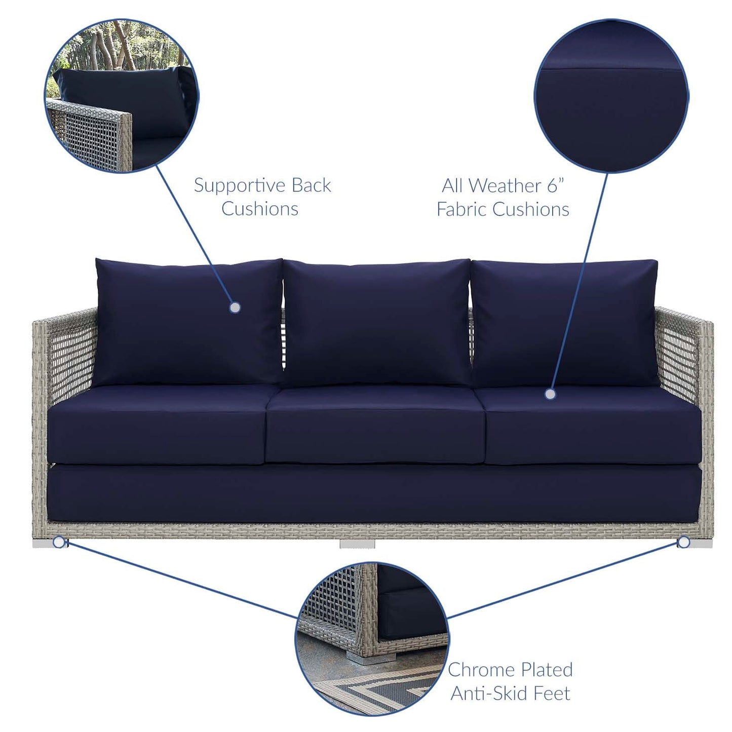 Aura Outdoor Patio Wicker Rattan Sofa Gray Navy EEI-2923-GRY-NAV