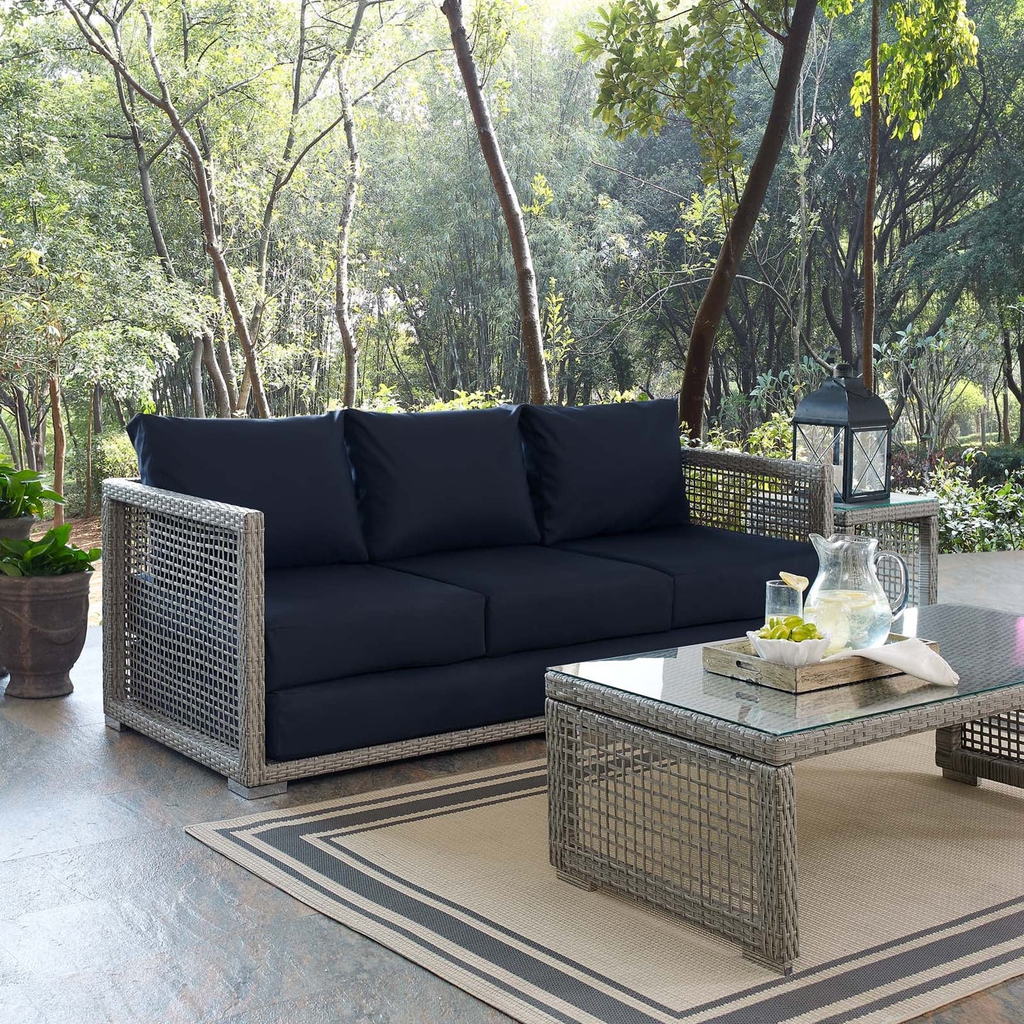 Aura Outdoor Patio Wicker Rattan Sofa Gray Navy EEI-2923-GRY-NAV