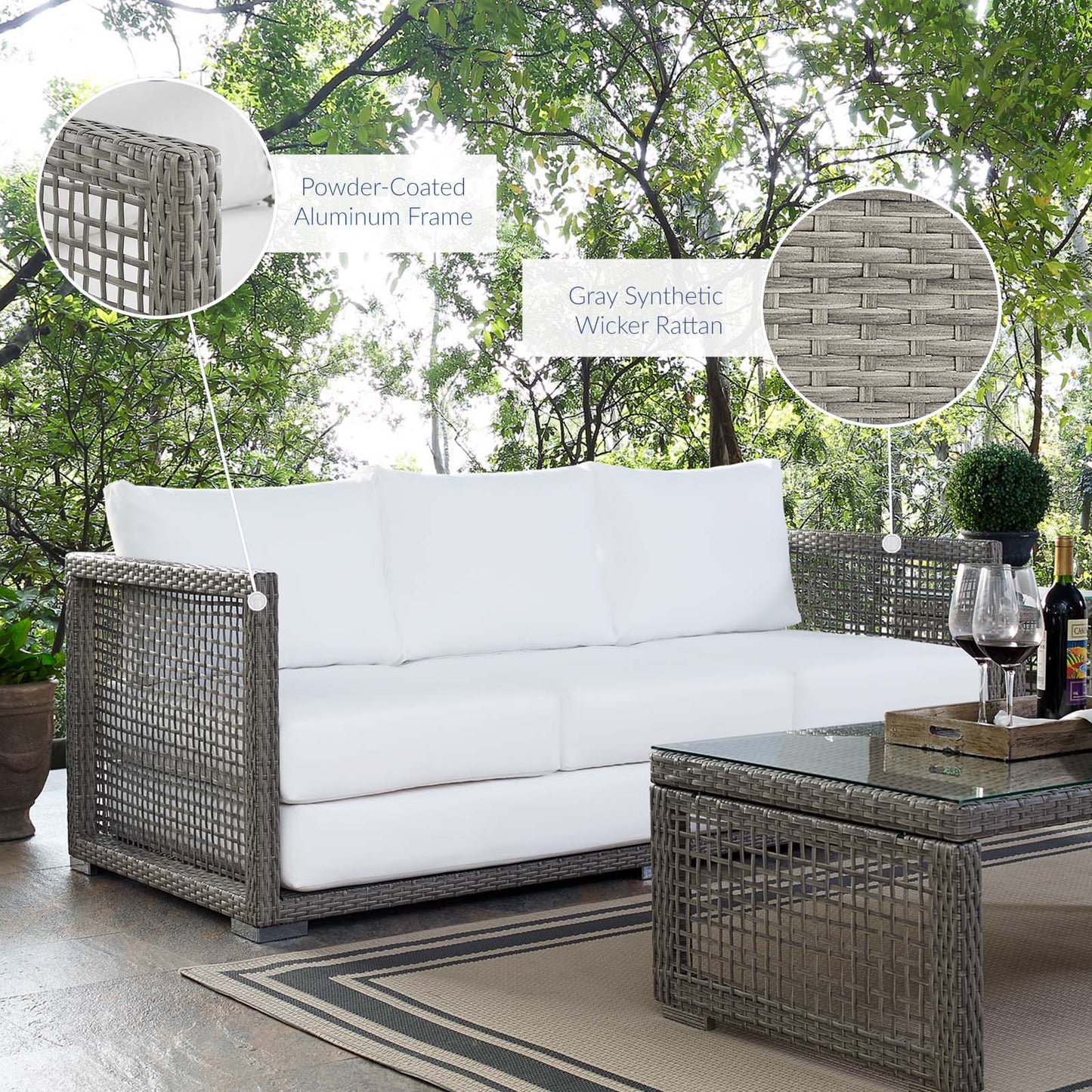 Aura Outdoor Patio Wicker Rattan Sofa Gray White EEI-2923-GRY-WHI