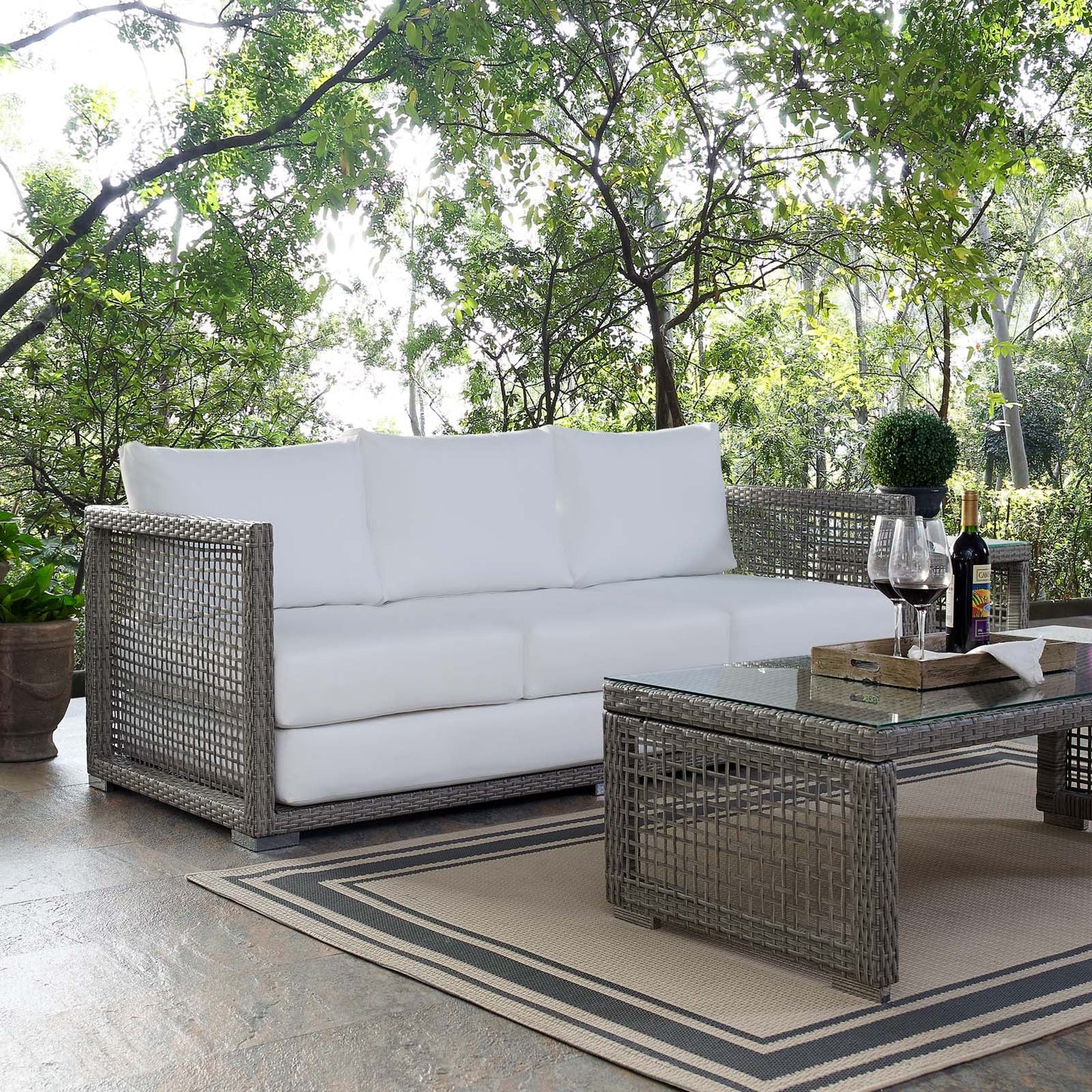 Aura Outdoor Patio Wicker Rattan Sofa Gray White EEI-2923-GRY-WHI