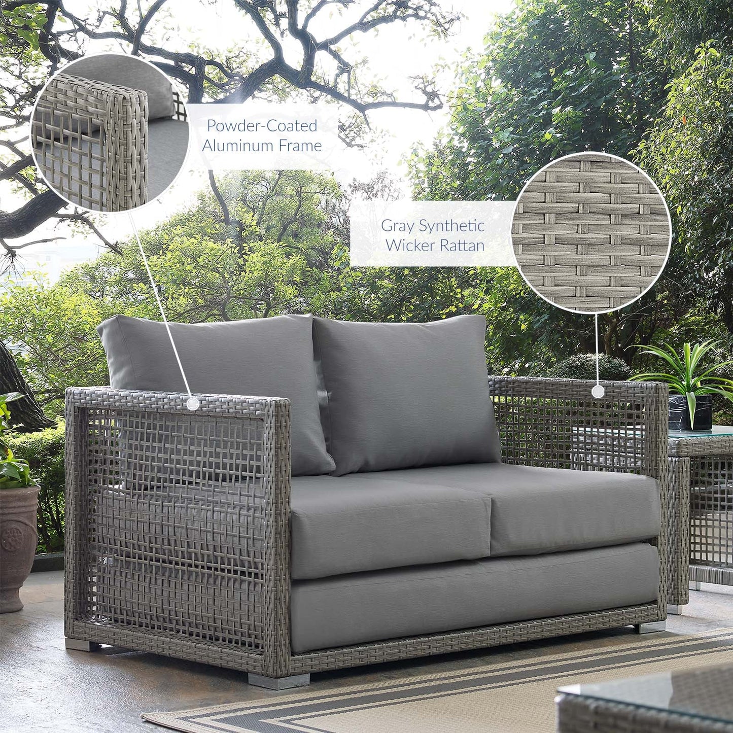 Aura Outdoor Patio Wicker Rattan Loveseat Gray Gray EEI-2924-GRY-GRY