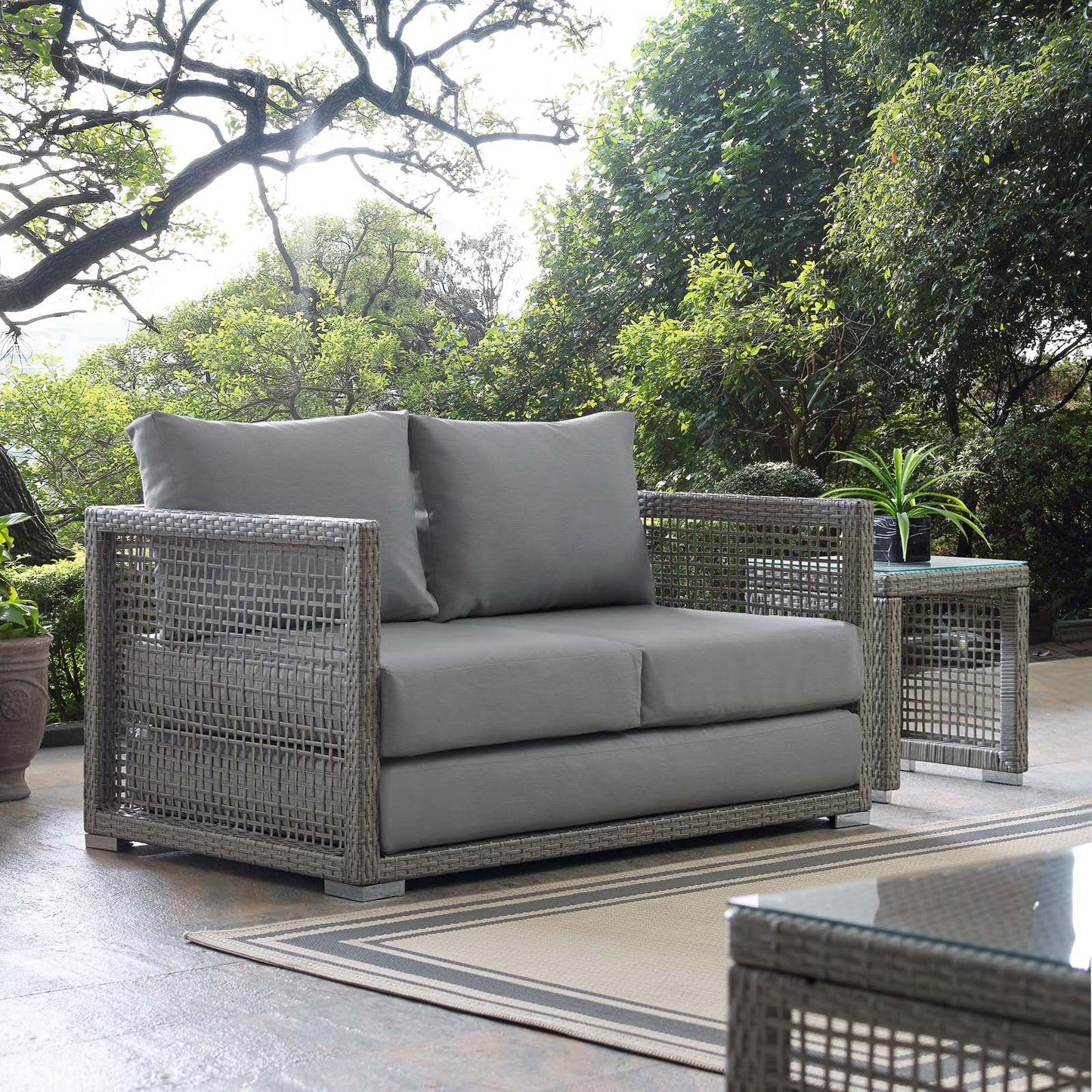 Aura Outdoor Patio Wicker Rattan Loveseat Gray Gray EEI-2924-GRY-GRY