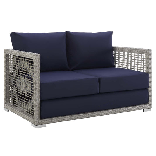 Aura Outdoor Patio Wicker Rattan Loveseat Gray Navy EEI-2924-GRY-NAV