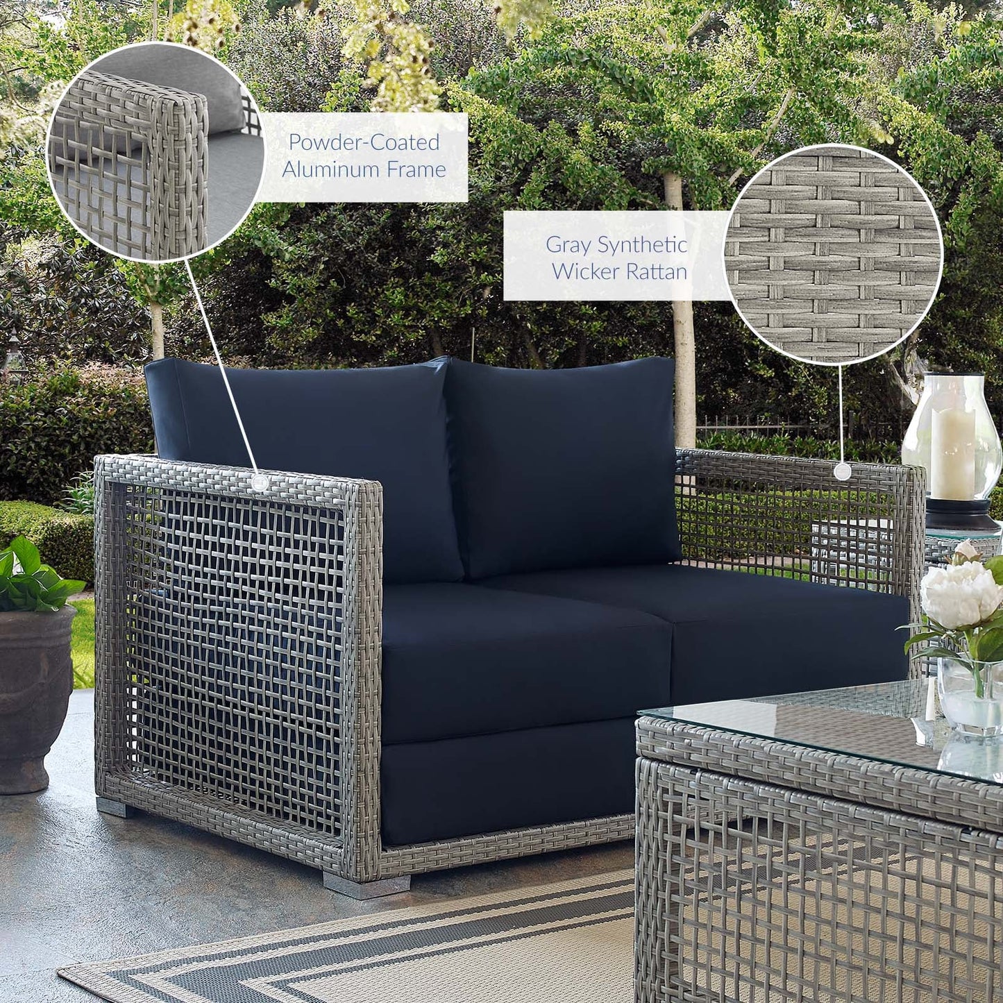 Aura Outdoor Patio Wicker Rattan Loveseat Gray Navy EEI-2924-GRY-NAV