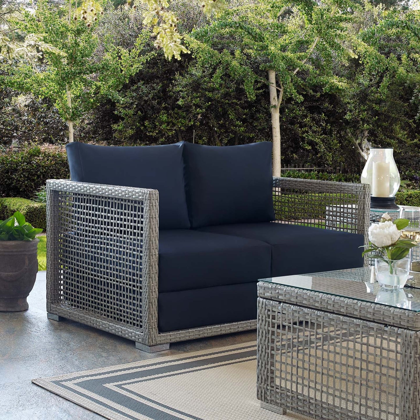 Aura Outdoor Patio Wicker Rattan Loveseat Gray Navy EEI-2924-GRY-NAV