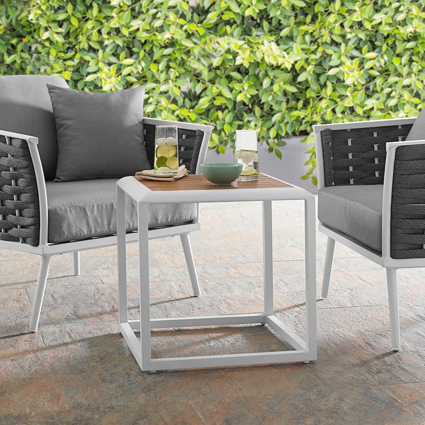 Stance Outdoor Patio Aluminum Side Table White Natural EEI-3022-WHI-NAT