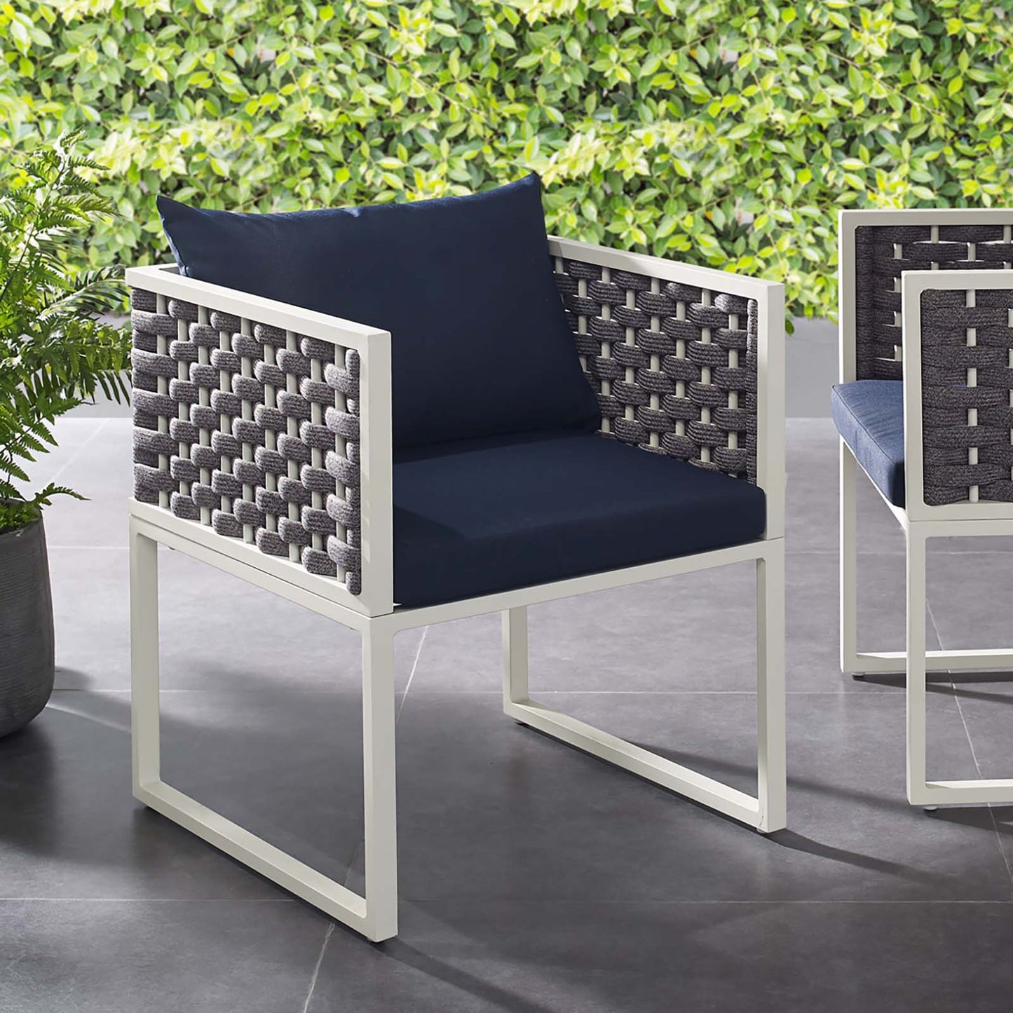 Stance Outdoor Patio Aluminum Dining Armchair White Navy EEI-3053-WHI-NAV