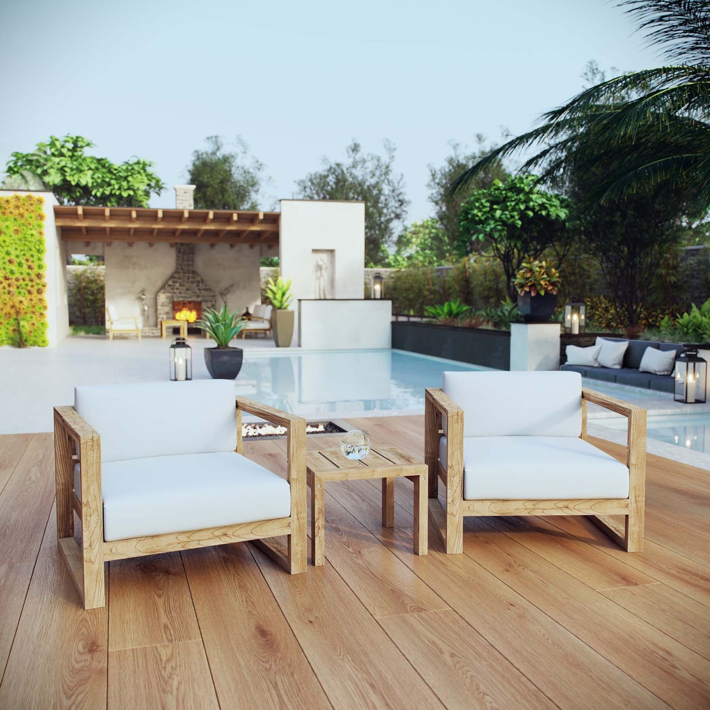 Upland 3 Piece Outdoor Patio Teak Set Natural White EEI-3119-NAT-WHI-SET