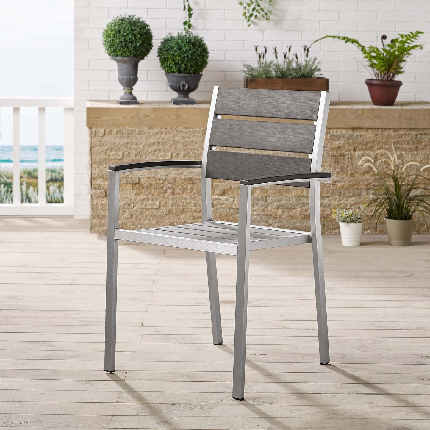 Shore Outdoor Patio Aluminum Dining Armchair Silver Gray EEI-3130-SLV-GRY