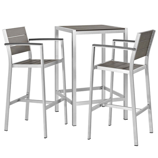 Shore 3 Piece Outdoor Patio Aluminum Pub Set Silver Gray EEI-3157-SLV-GRY-SET