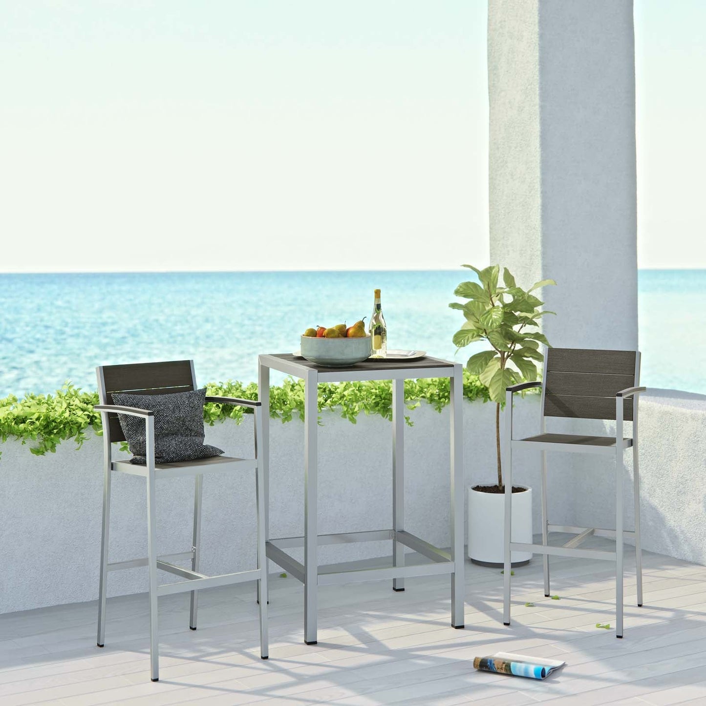 Shore 3 Piece Outdoor Patio Aluminum Pub Set Silver Gray EEI-3157-SLV-GRY-SET