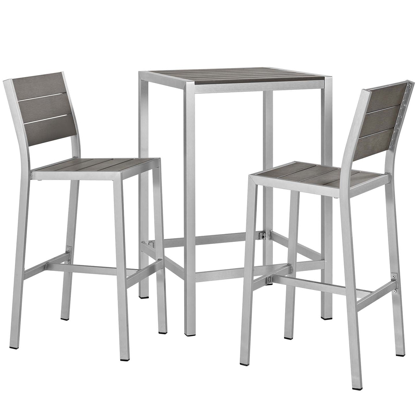 Shore 3 Piece Outdoor Patio Aluminum Pub Set Silver Gray EEI-3158-SLV-GRY-SET