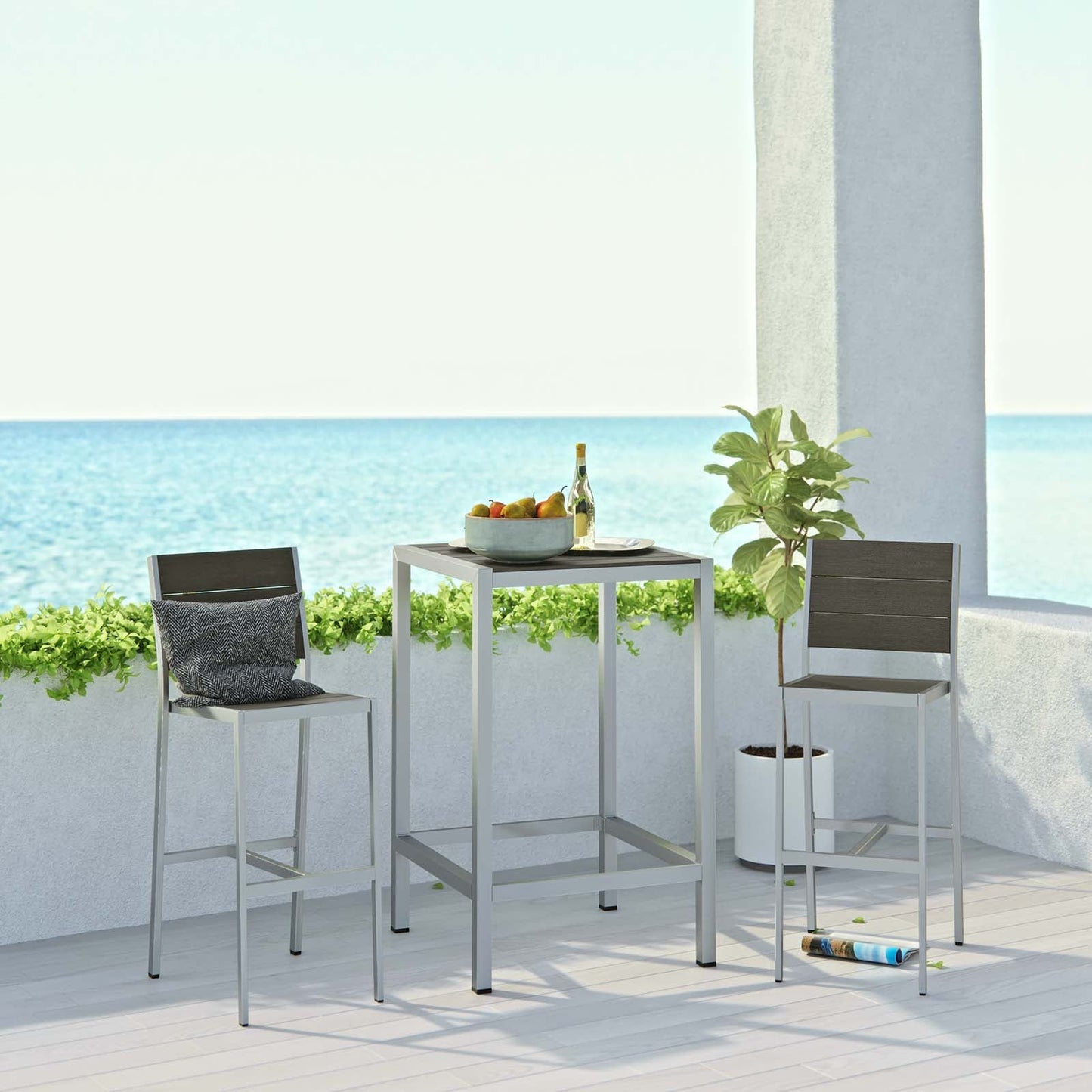 Shore 3 Piece Outdoor Patio Aluminum Pub Set Silver Gray EEI-3158-SLV-GRY-SET