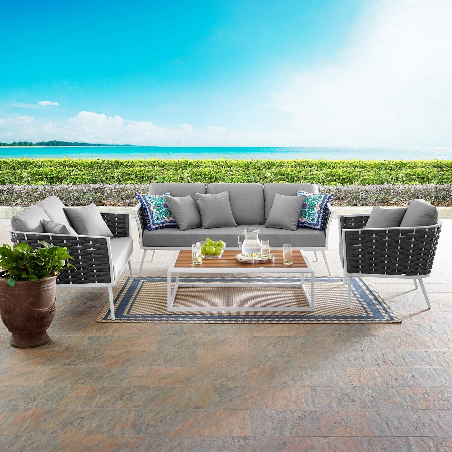 Stance 4 Piece Outdoor Patio Aluminum Sectional Sofa Set White Gray EEI-3161-WHI-GRY-SET