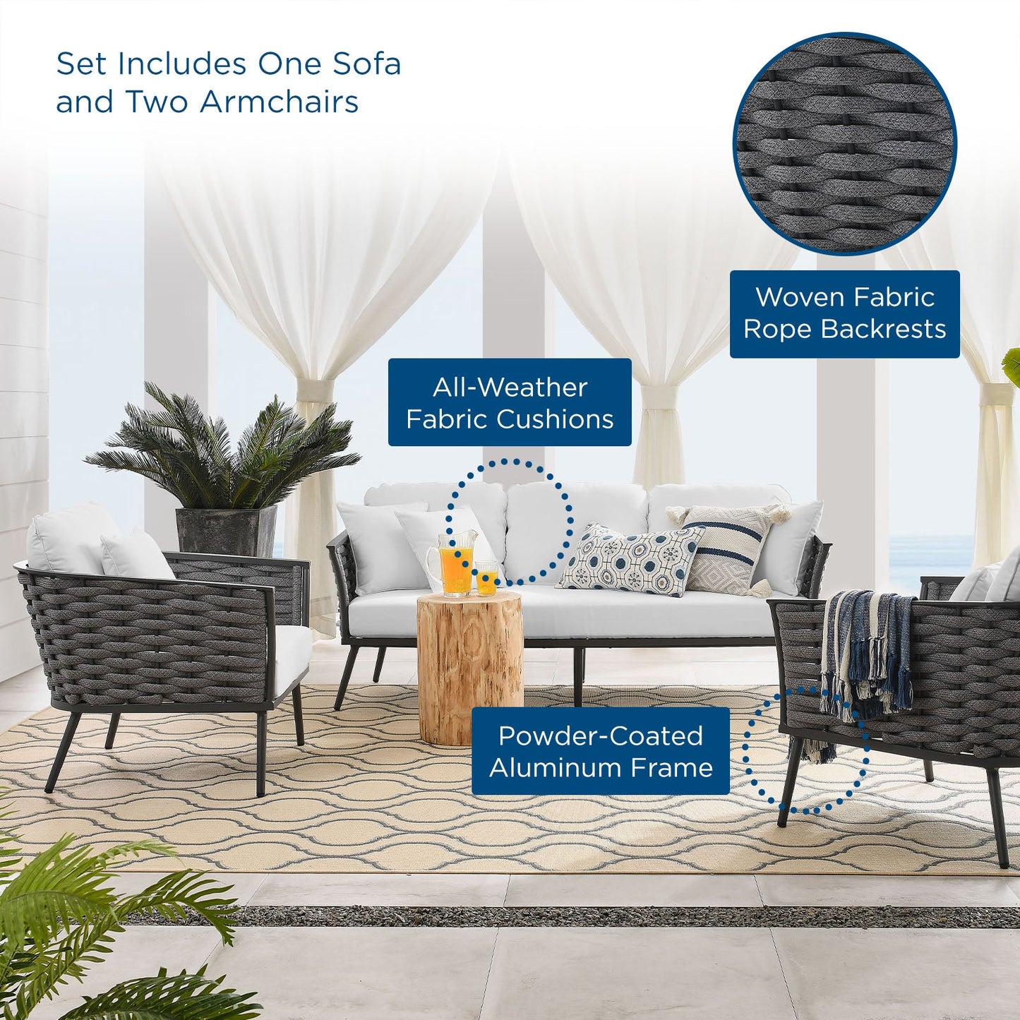 Stance 3 Piece Outdoor Patio Aluminum Sectional Sofa Set Gray White EEI-3165-GRY-WHI-SET