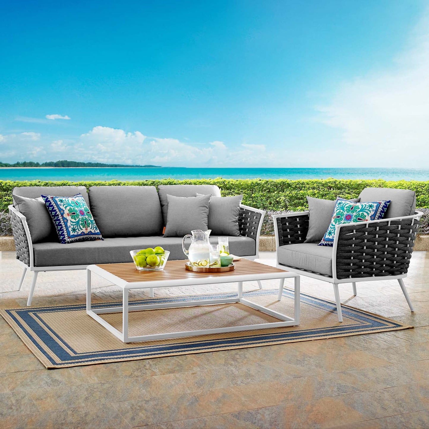 Stance 3 Piece Outdoor Patio Aluminum Sectional Sofa Set White Gray EEI-3166-WHI-GRY-SET