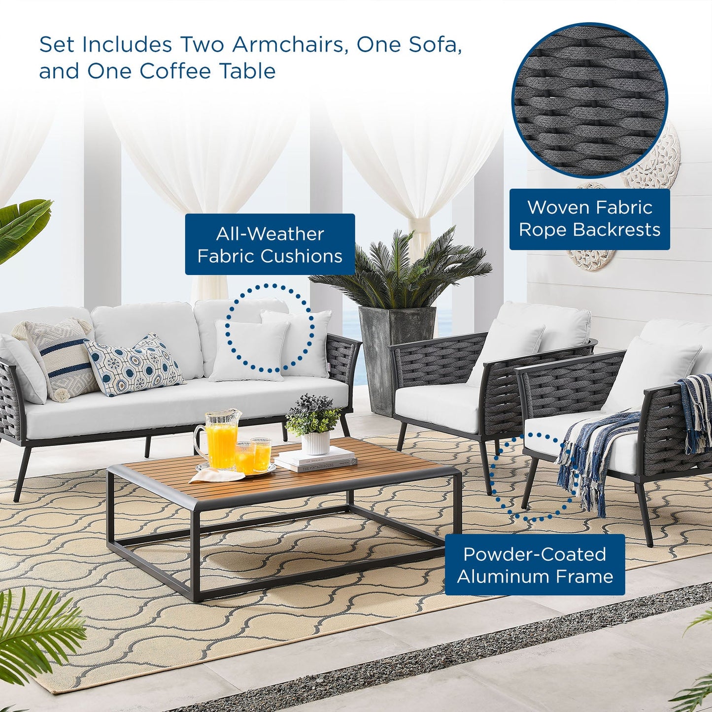 Stance 4 Piece Outdoor Patio Aluminum Sectional Sofa Set Gray White EEI-3167-GRY-WHI-SET