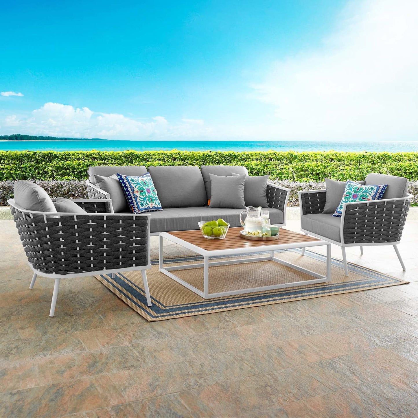 Stance 4 Piece Outdoor Patio Aluminum Sectional Sofa Set White Gray EEI-3167-WHI-GRY-SET