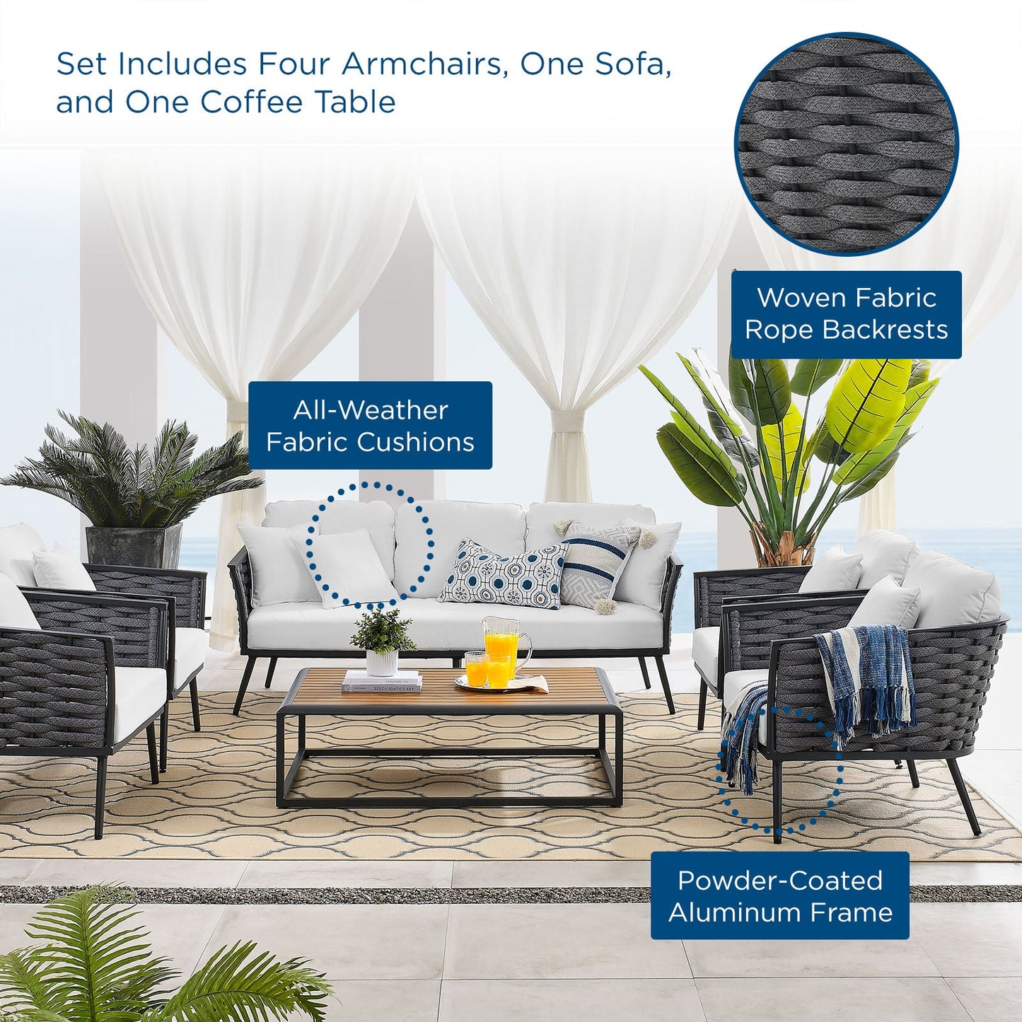 Stance 6 Piece Outdoor Patio Aluminum Sectional Sofa Set Gray White EEI-3168-GRY-WHI-SET