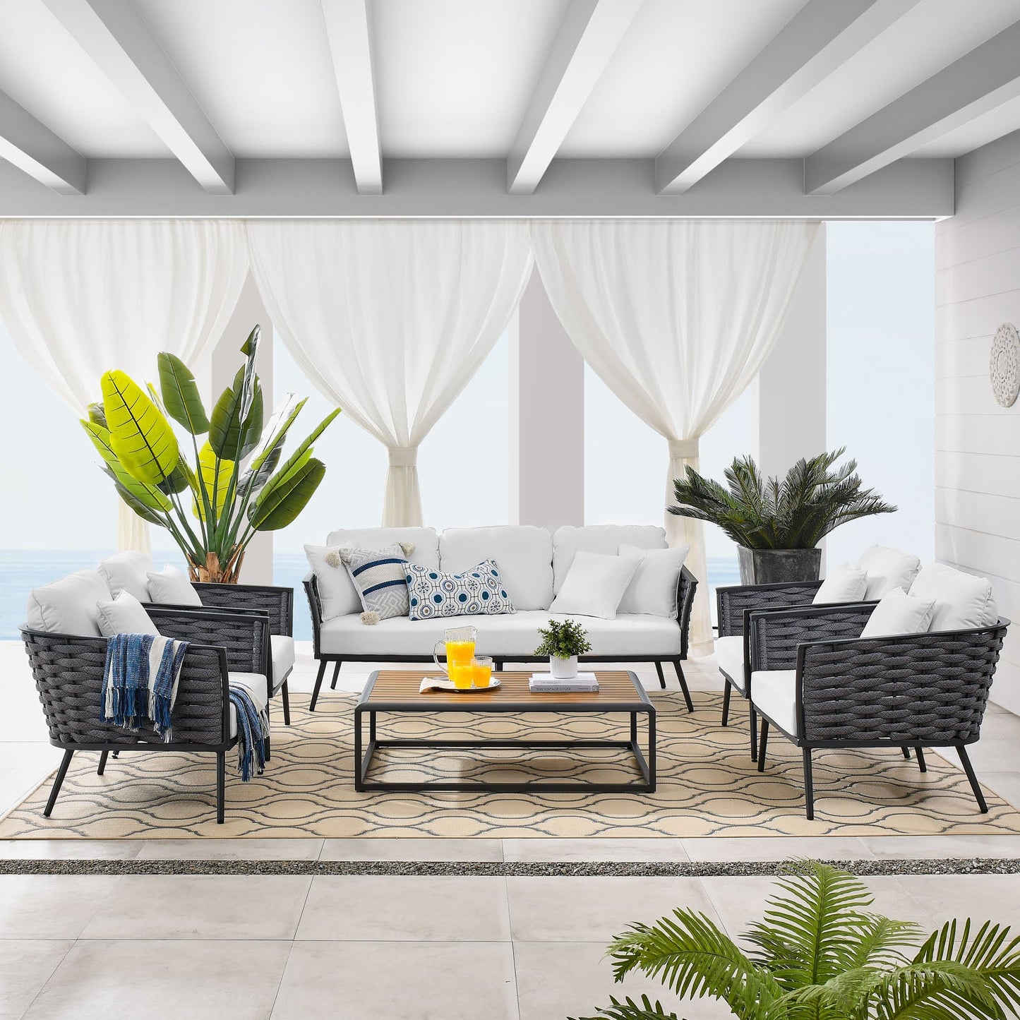 Stance 6 Piece Outdoor Patio Aluminum Sectional Sofa Set Gray White EEI-3168-GRY-WHI-SET