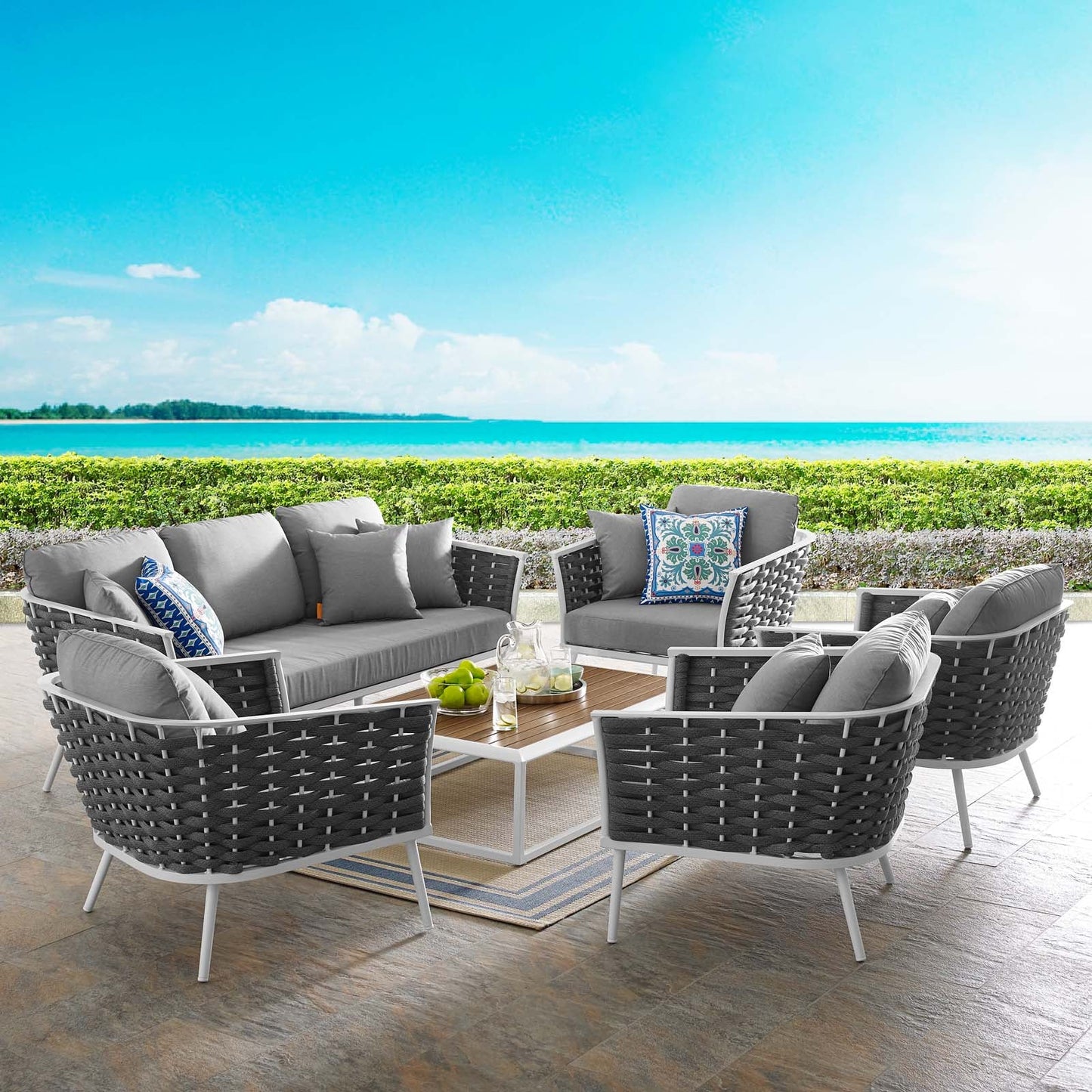 Stance 6 Piece Outdoor Patio Aluminum Sectional Sofa Set White Gray EEI-3168-WHI-GRY-SET