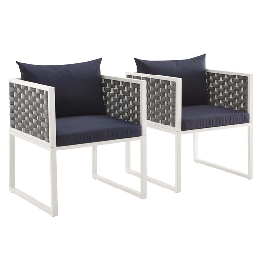 Stance Dining Armchair Outdoor Patio Aluminum Set of 2 White Navy EEI-3183-WHI-NAV-SET