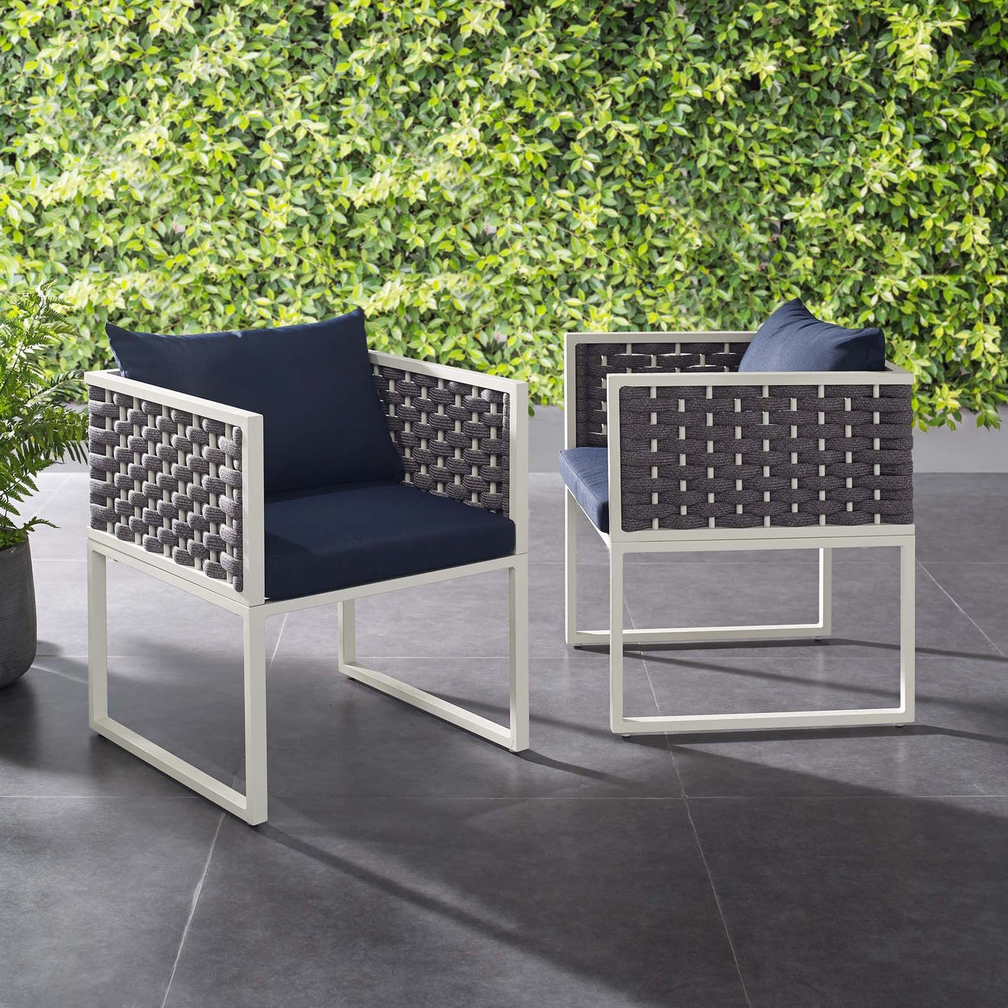 Stance Dining Armchair Outdoor Patio Aluminum Set of 2 White Navy EEI-3183-WHI-NAV-SET