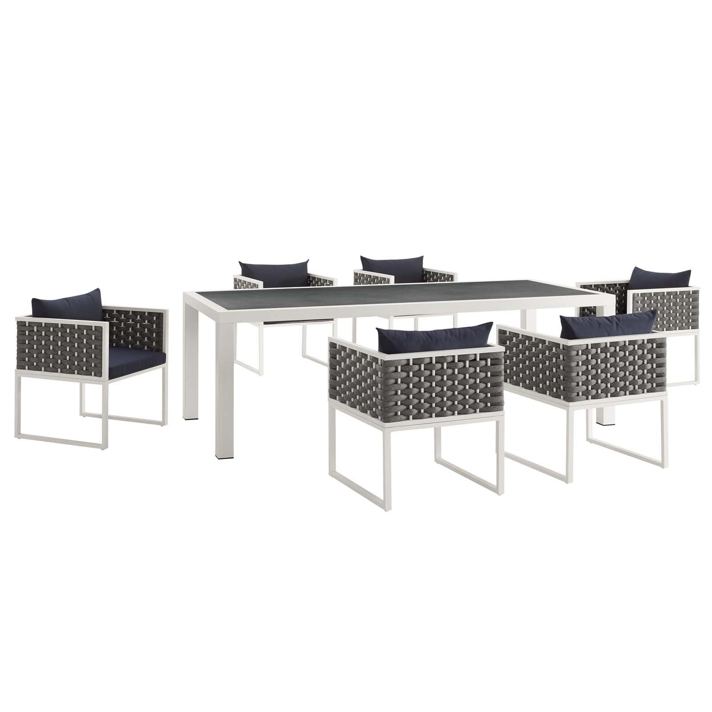 Stance 7 Piece Outdoor Patio Aluminum Dining Set White Navy EEI-3185-WHI-NAV-SET