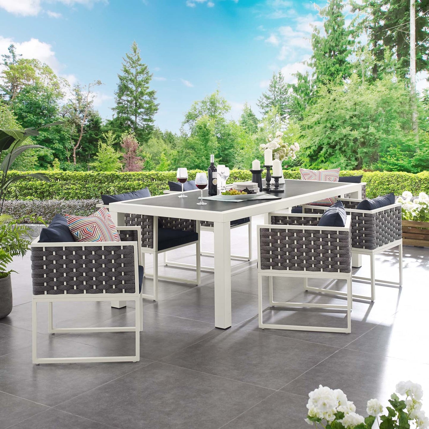 Stance 7 Piece Outdoor Patio Aluminum Dining Set White Navy EEI-3185-WHI-NAV-SET