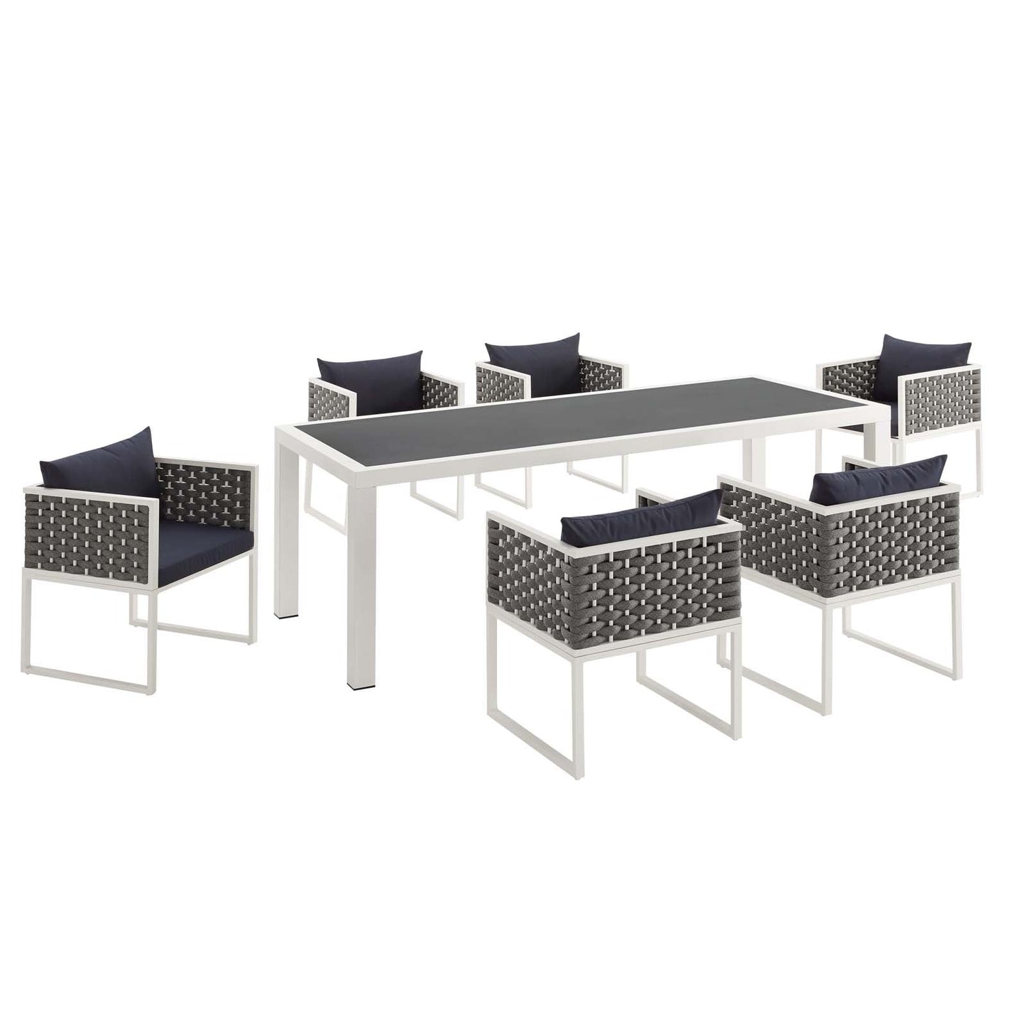 Stance 7 Piece Outdoor Patio Aluminum Dining Set White Navy EEI-3185-WHI-NAV-SET