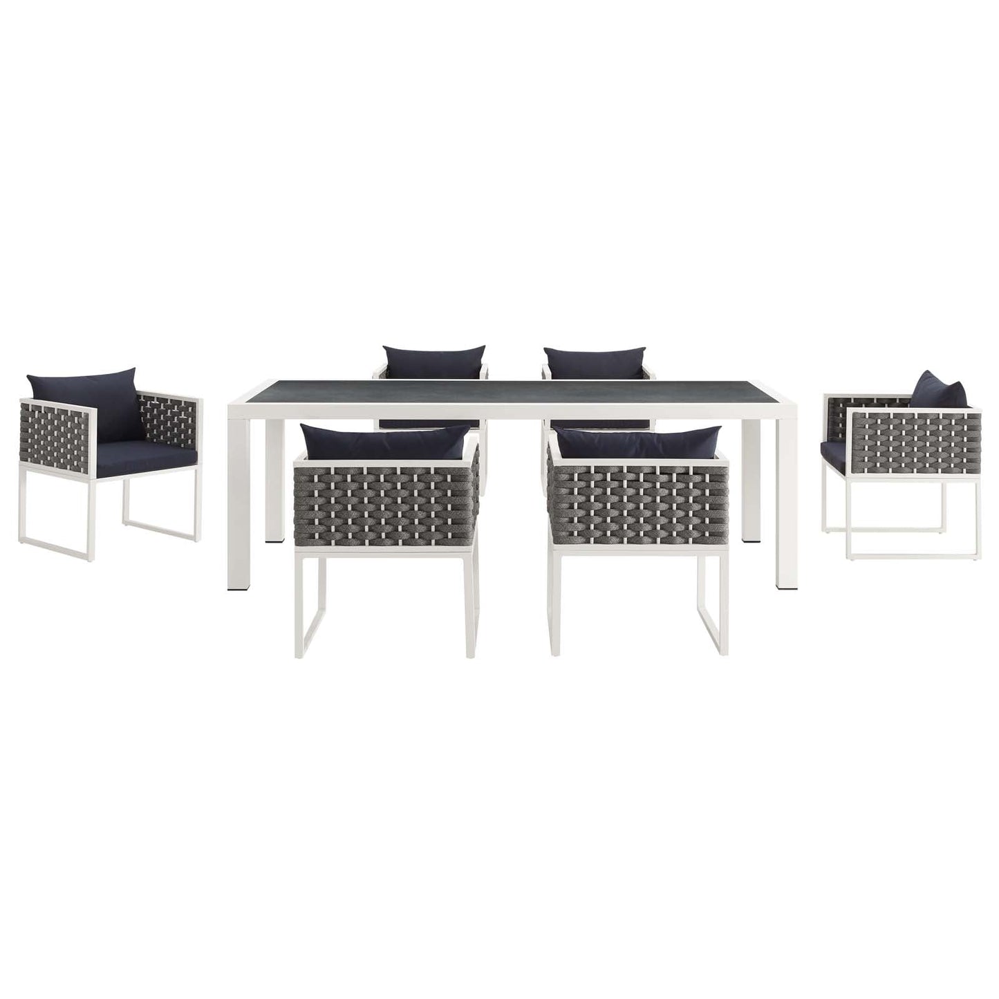 Stance 7 Piece Outdoor Patio Aluminum Dining Set White Navy EEI-3185-WHI-NAV-SET