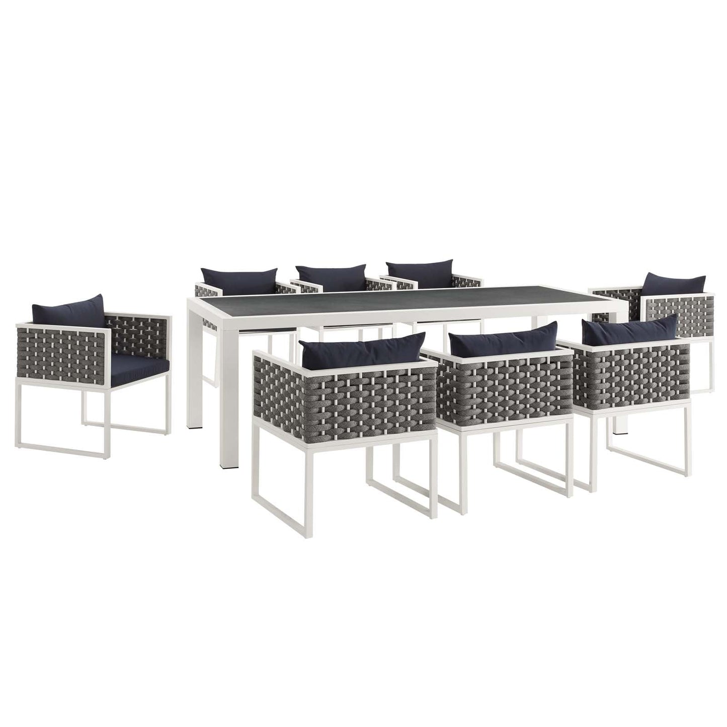 Stance 9 Piece Outdoor Patio Aluminum Dining Set White Navy EEI-3186-WHI-NAV-SET