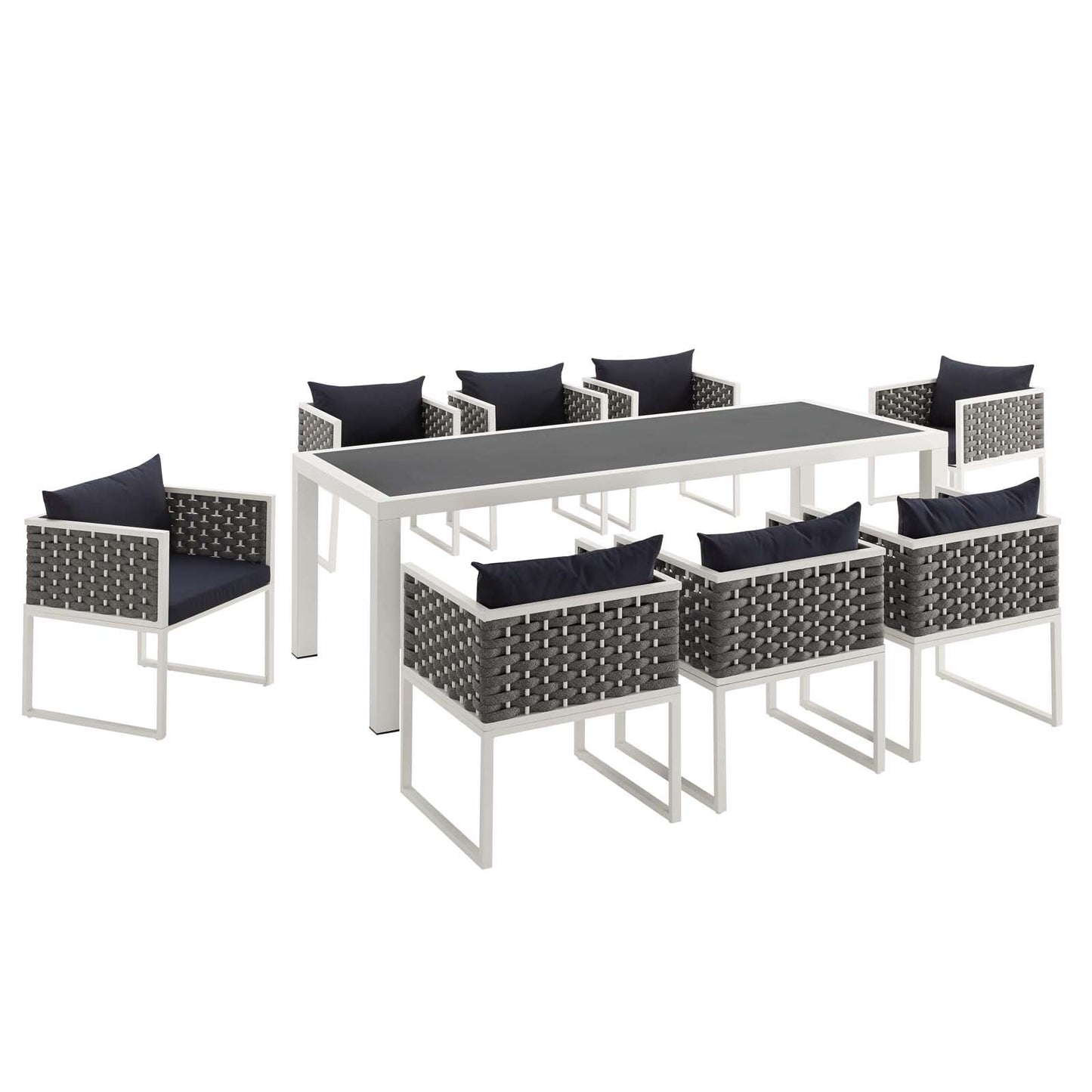 Stance 9 Piece Outdoor Patio Aluminum Dining Set White Navy EEI-3186-WHI-NAV-SET