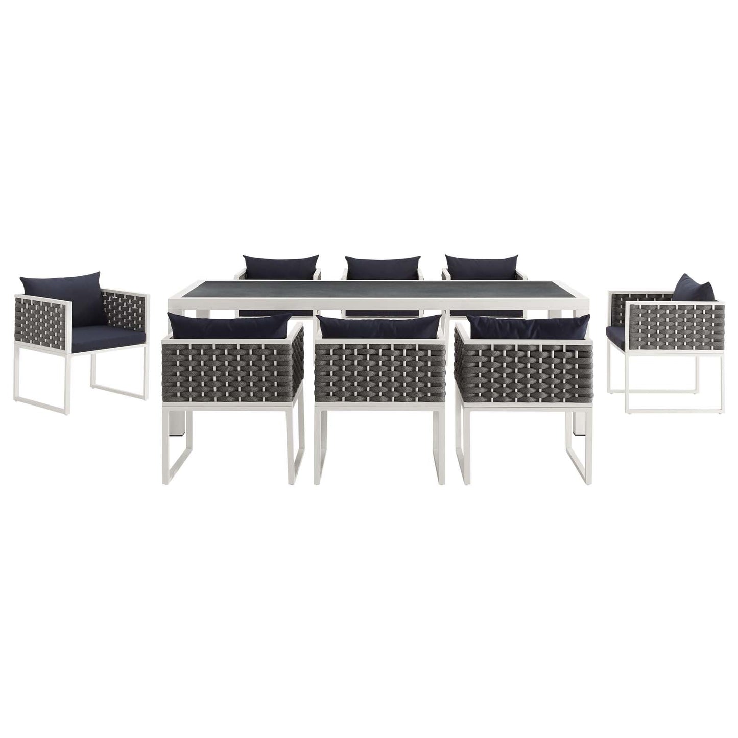 Stance 9 Piece Outdoor Patio Aluminum Dining Set White Navy EEI-3186-WHI-NAV-SET