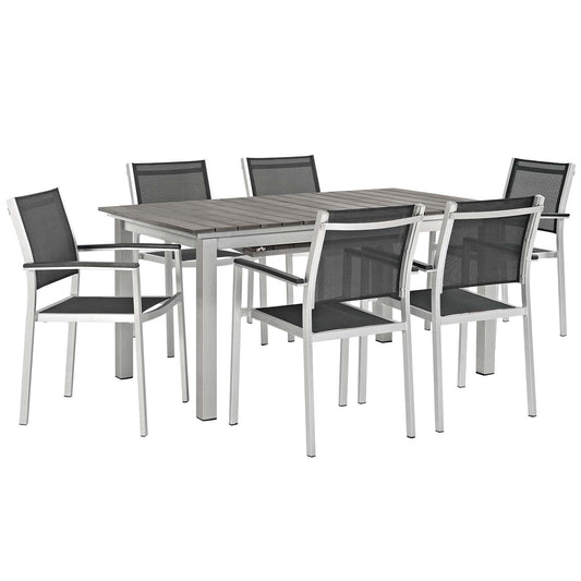 Shore 7 Piece Outdoor Patio Aluminum Dining Set Silver Black EEI-3200-SLV-BLK-SET