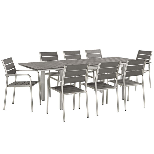 Shore 9 Piece Outdoor Patio Aluminum Dining Set Silver Gray EEI-3201-SLV-GRY-SET