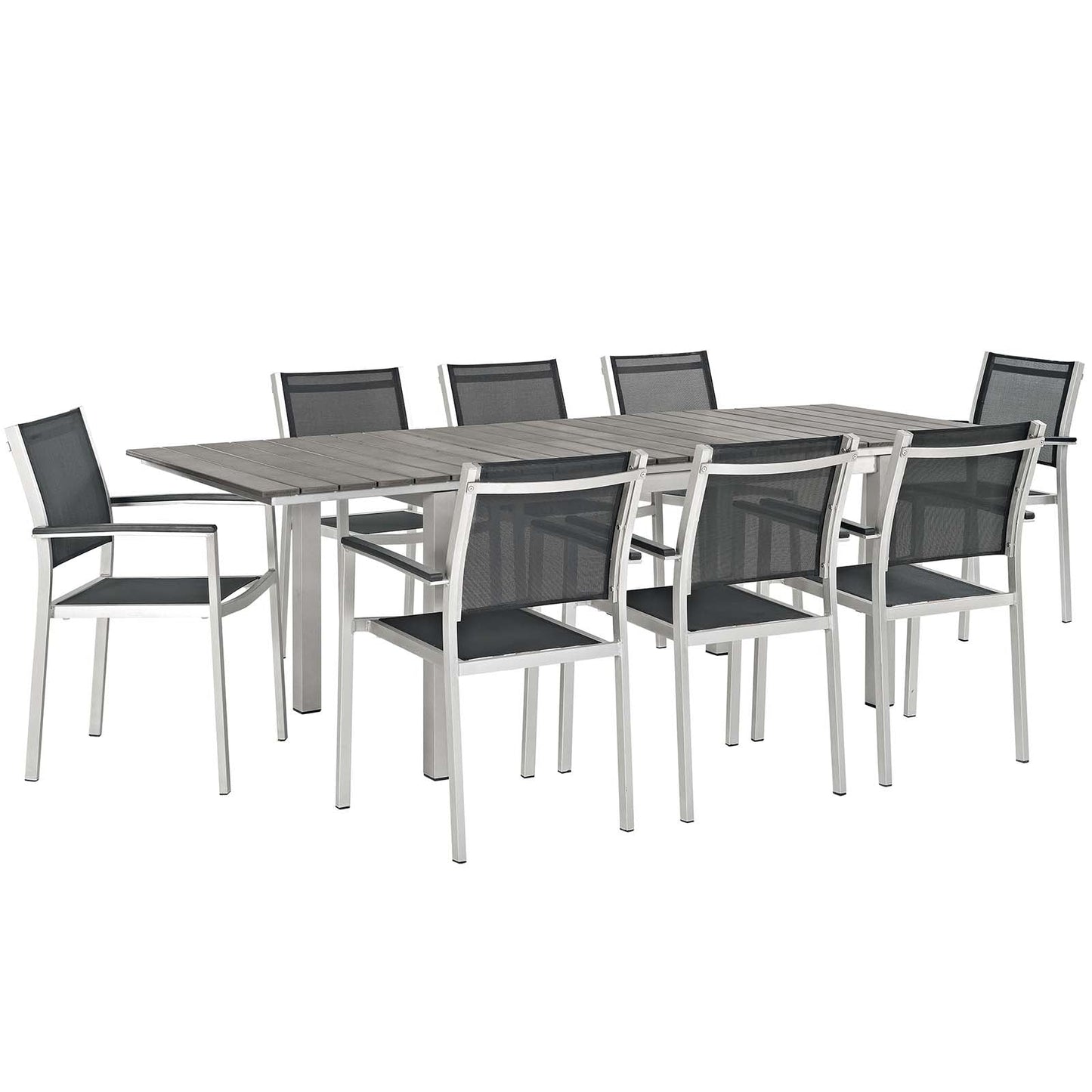 Shore 9 Piece Outdoor Patio Aluminum Dining Set Silver Black EEI-3202-SLV-BLK-SET