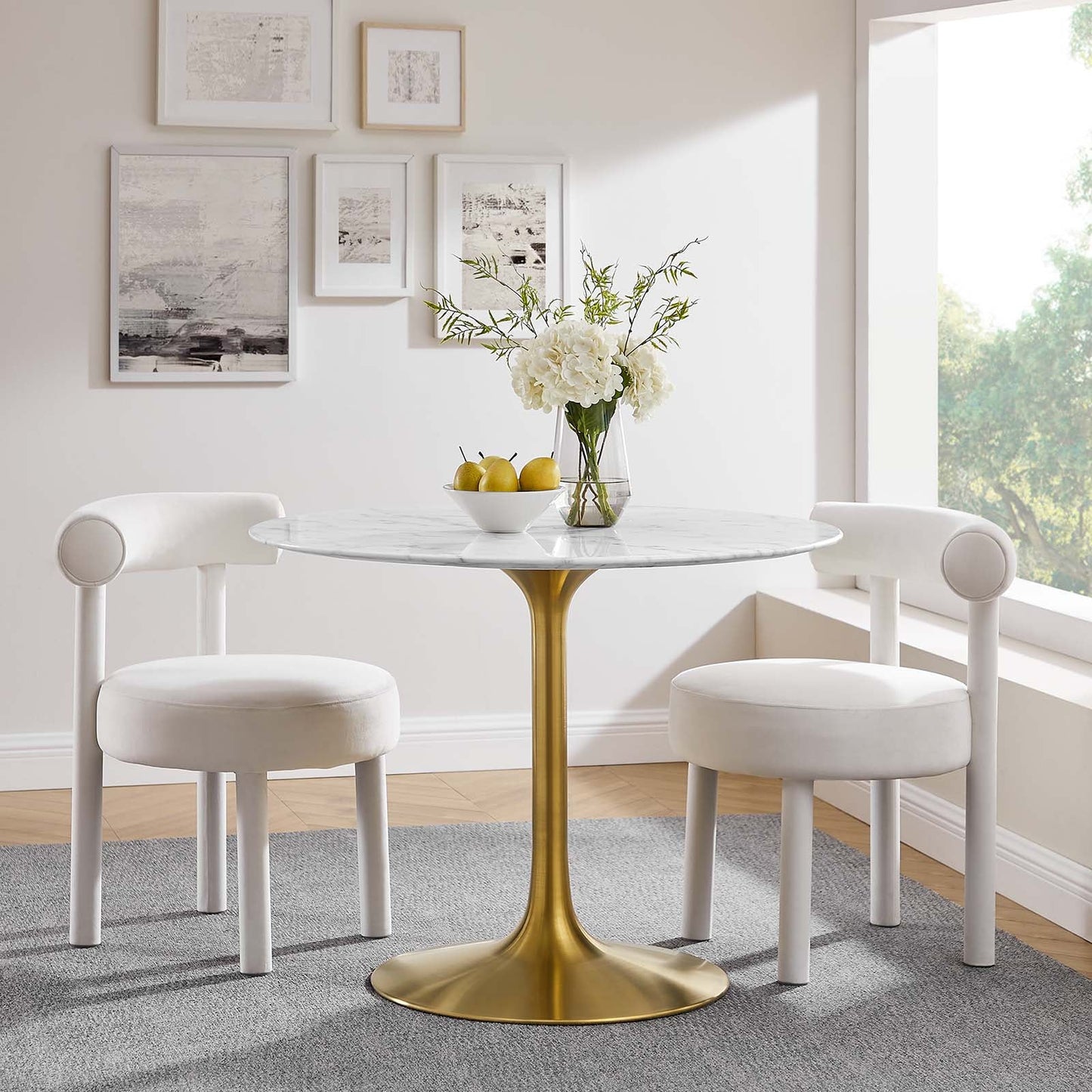 Lippa 40" Round Artificial Marble Dining Table Gold White EEI-3231-GLD-WHI