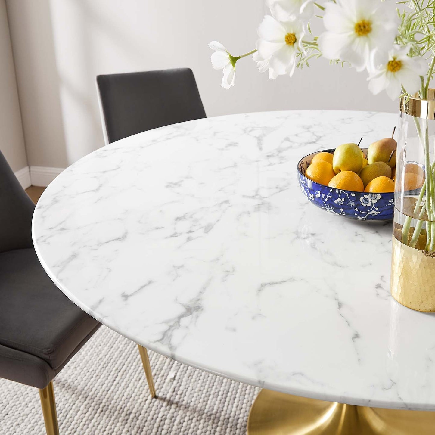 Lippa 	60" Round Artificial Marble Dining Table Gold White EEI-3234-GLD-WHI