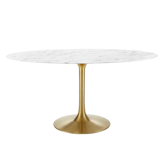 Lippa 60" Oval Artificial Marble Dining Table Gold White EEI-3236-GLD-WHI