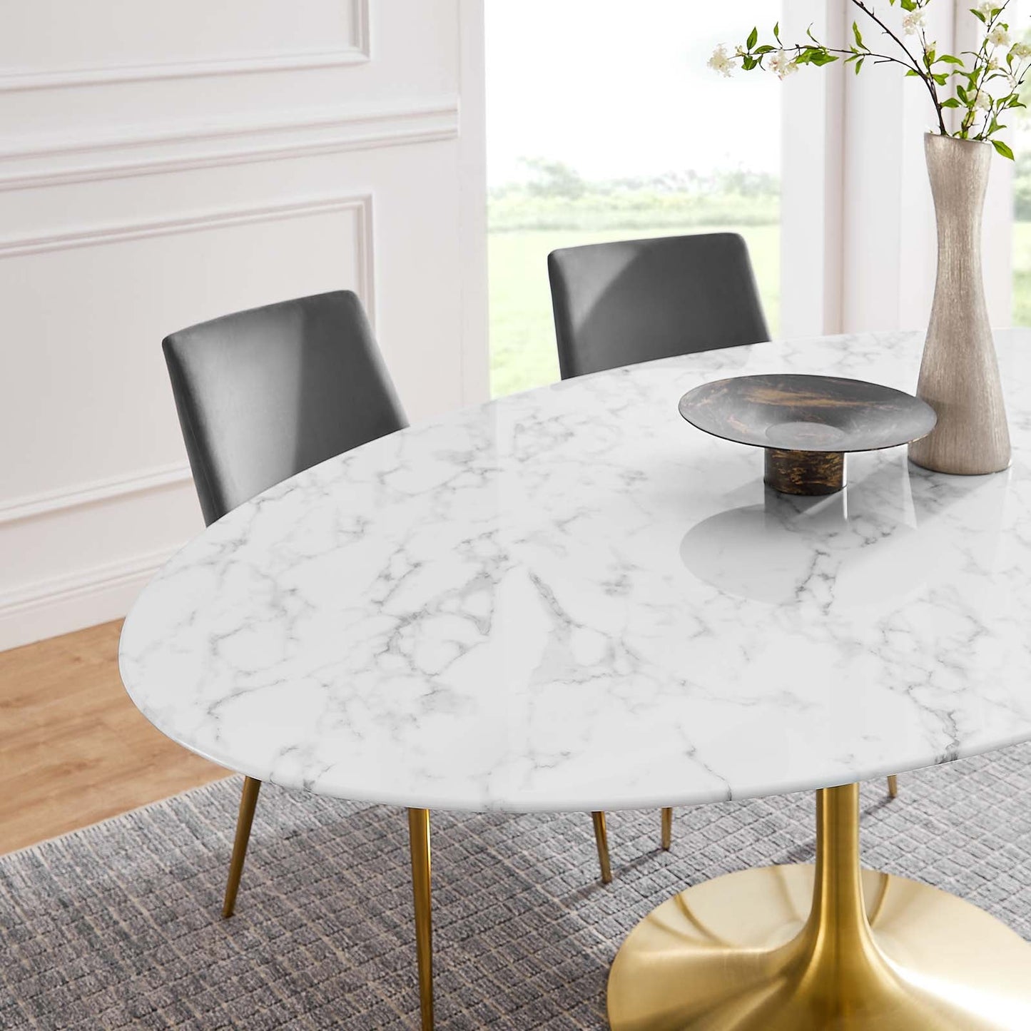 Lippa 78" Oval Artificial Marble Dining Table Gold White EEI-3257-GLD-WHI