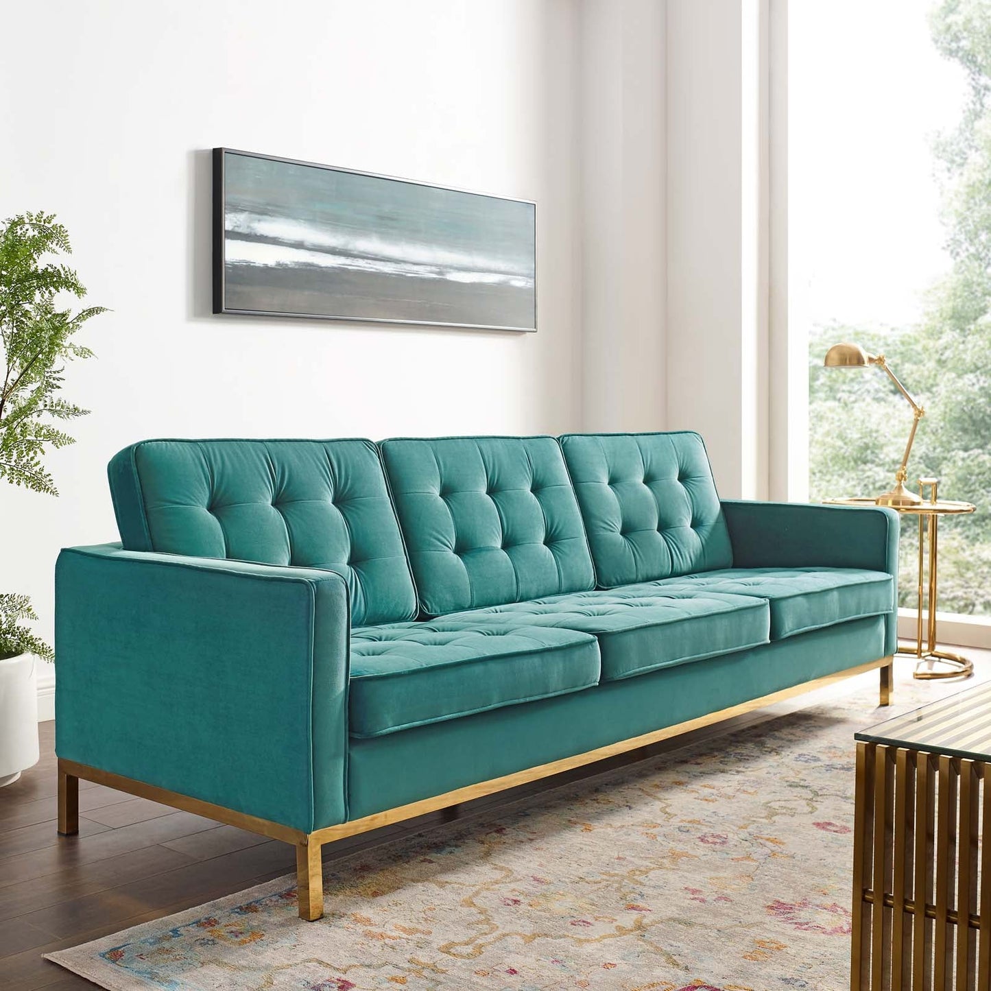 Loft Gold Stainless Steel Leg Performance Velvet Sofa Gold Teal EEI-3387-GLD-TEA