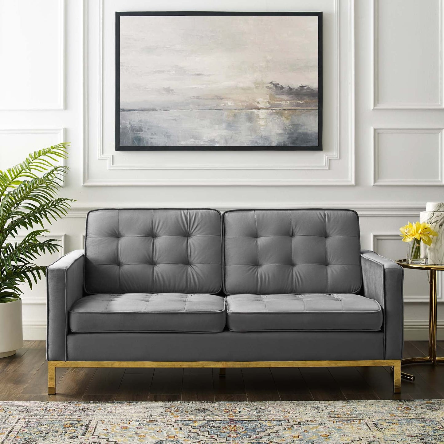 Loft Gold Stainless Steel Leg Performance Velvet Loveseat Gold Gray EEI-3390-GLD-GRY