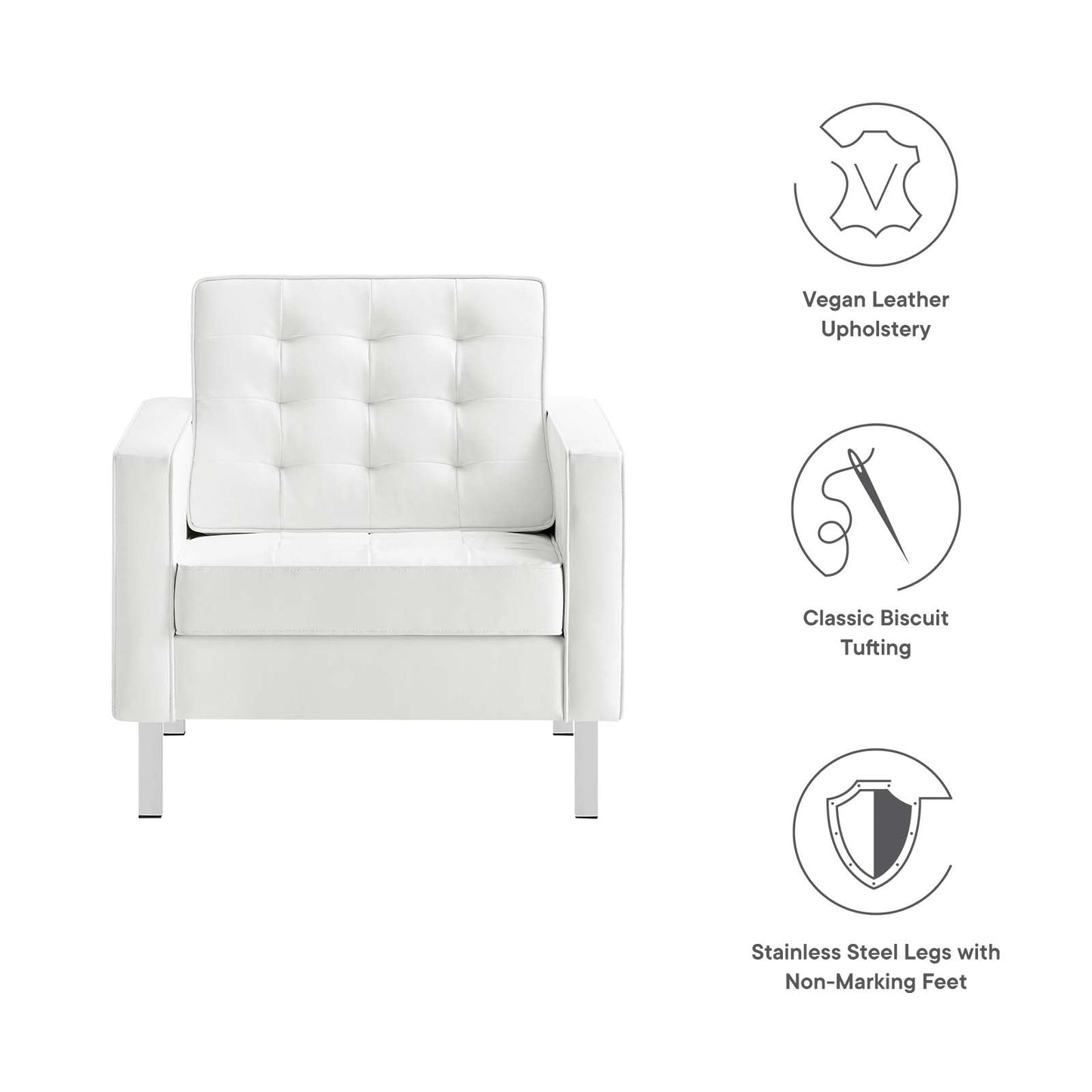 Loft Tufted Vegan Leather Armchair Silver White EEI-3391-SLV-WHI