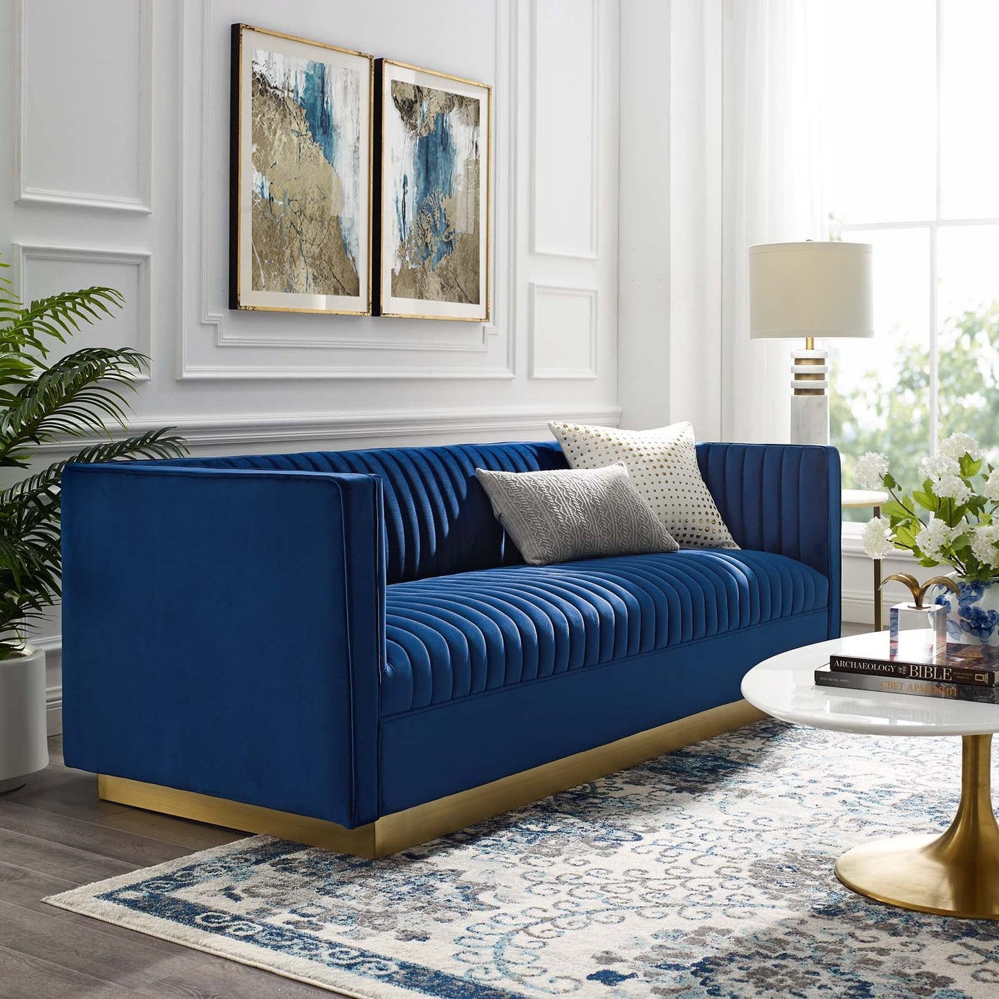 Sanguine Vertical Channel Tufted Performance Velvet Sofa Navy EEI-3405-NAV