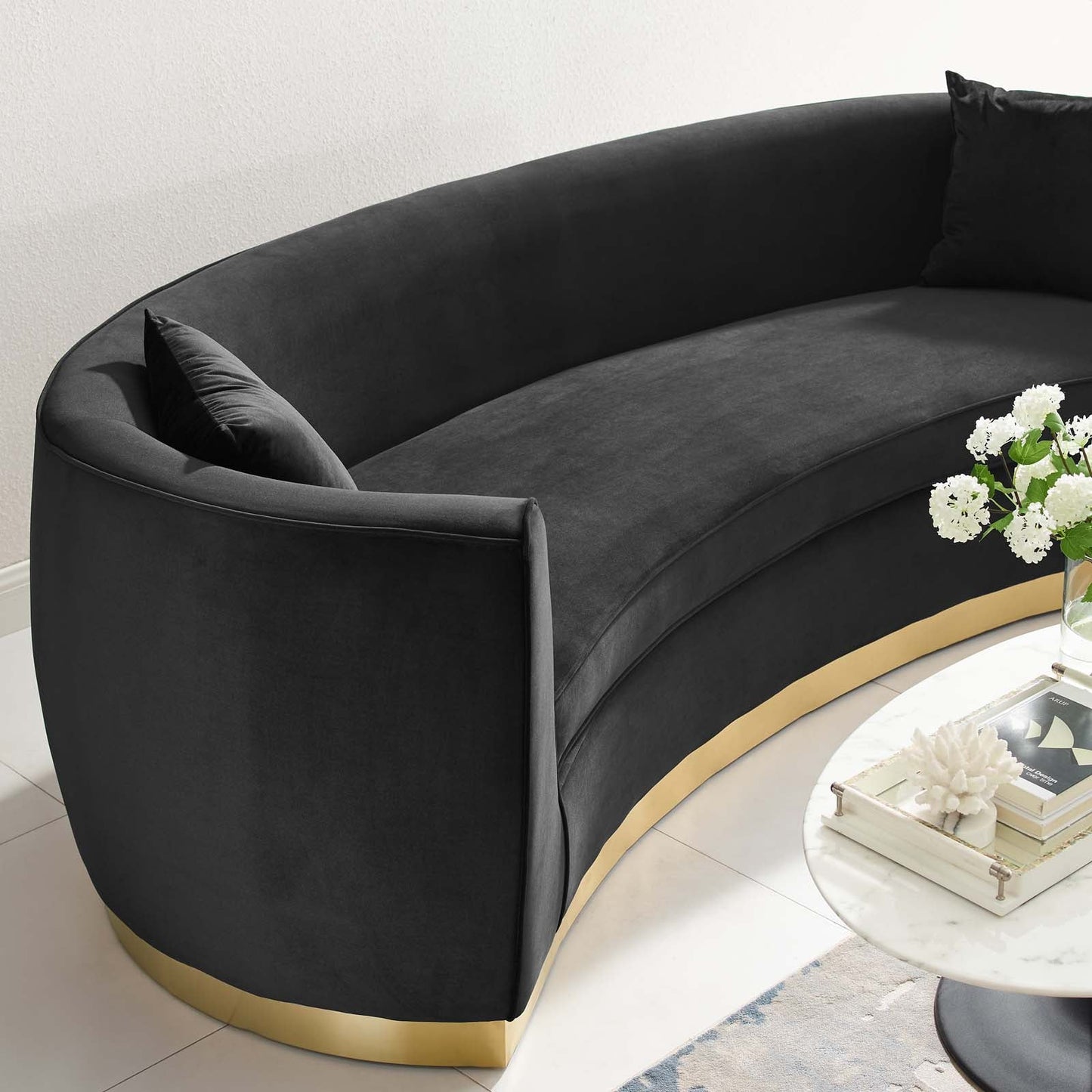 Resolute Curved Performance Velvet Sofa Black EEI-3408-BLK