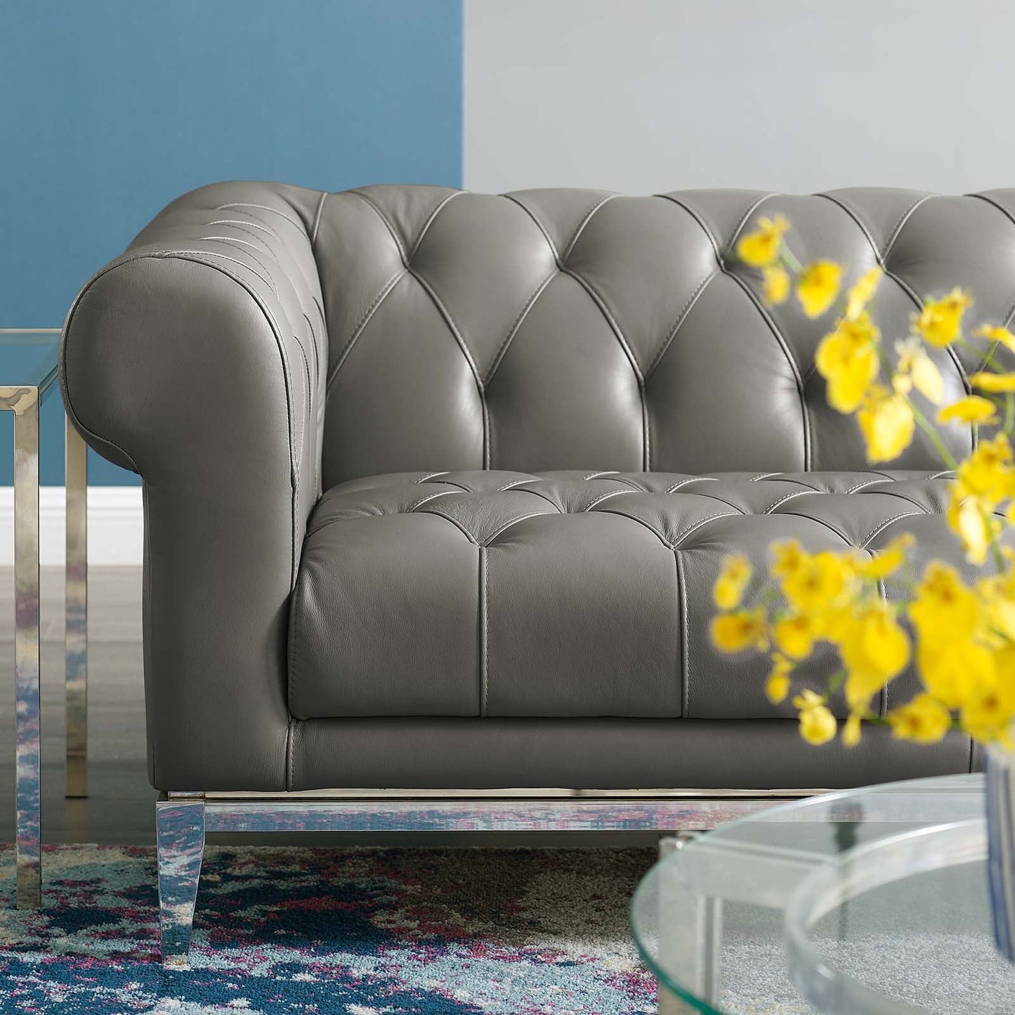 Idyll Tufted Button Upholstered Leather Chesterfield Loveseat Gray EEI-3442-GRY