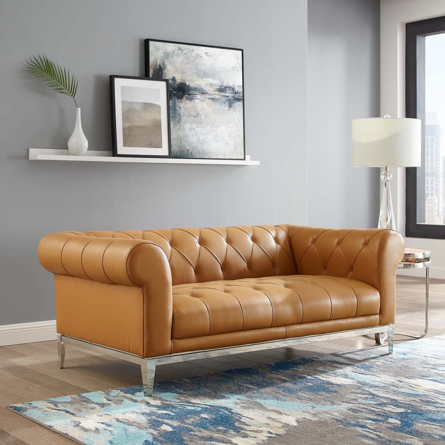 Idyll Tufted Button Upholstered Leather Chesterfield Loveseat Tan EEI-3442-TAN